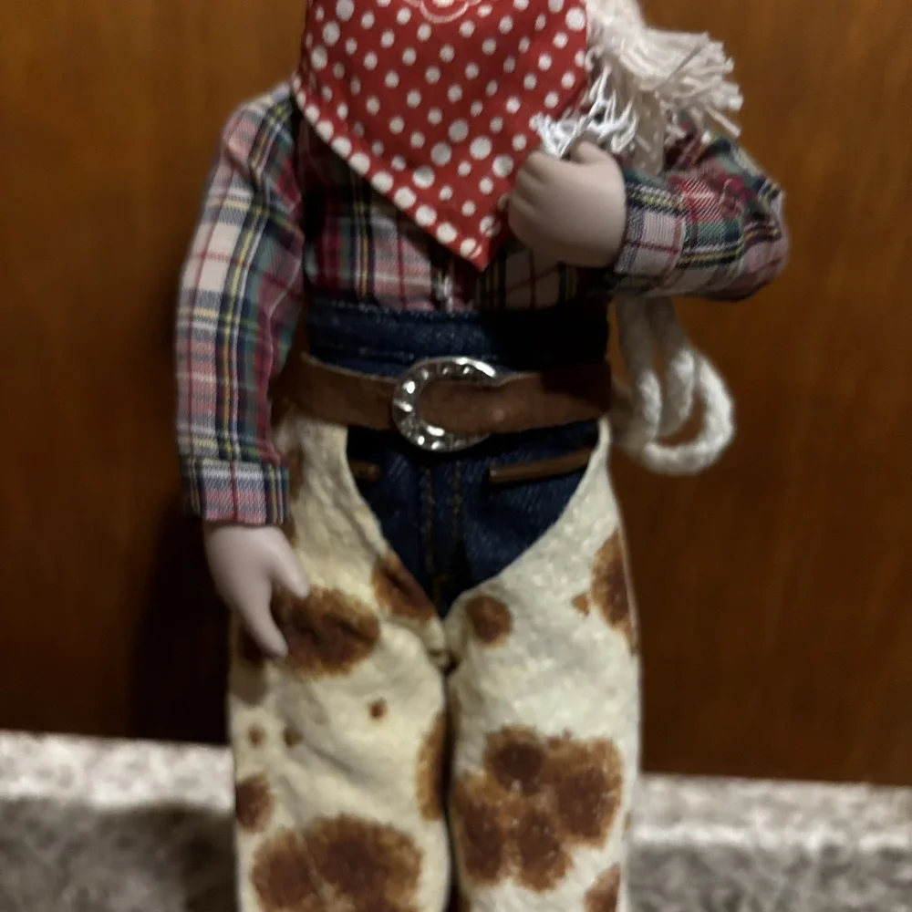 Cowboy Doll Blonde Straight Hair Blue Eyes Light Complexion Hat Plaid Shirt